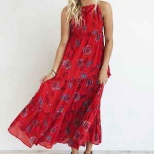 FREE PEOPLE Garden Party Maxi Dress in red floral print. Size Small. Red Combo.